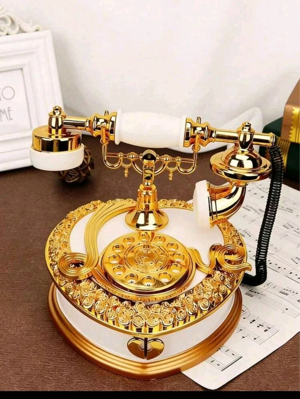 Vintage-Style Gold and White Rotary Telephone MUSIC BOX